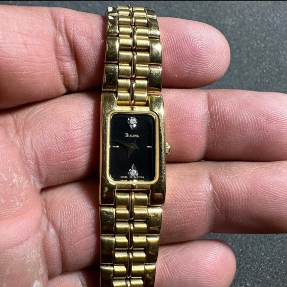 Bulova T4 Quartz Tank Watches His And Hers Gold Tone Black Dial Diamond Accents - Picture 6 of 8